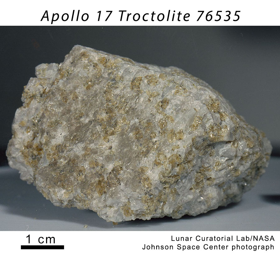 76535 is a troctolite (plagioclase plus olivine) collected by the Apollo 17 crew in Taurus-Littrow.