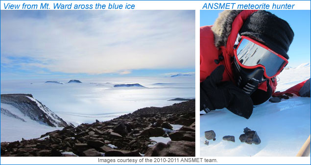 Left: Antarctic view from Mt. Ward across blue ice by Bill Satterwhite/ANSMET 2010-2011. Right: Photo of Rhiannon Mayne with meteorite on the ice/ANSMET 2010=2011.