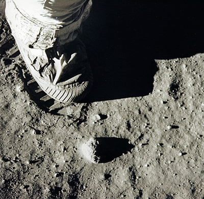 NASA photo of Astronaut Aldrin's boot and bootprint on the Moon.
