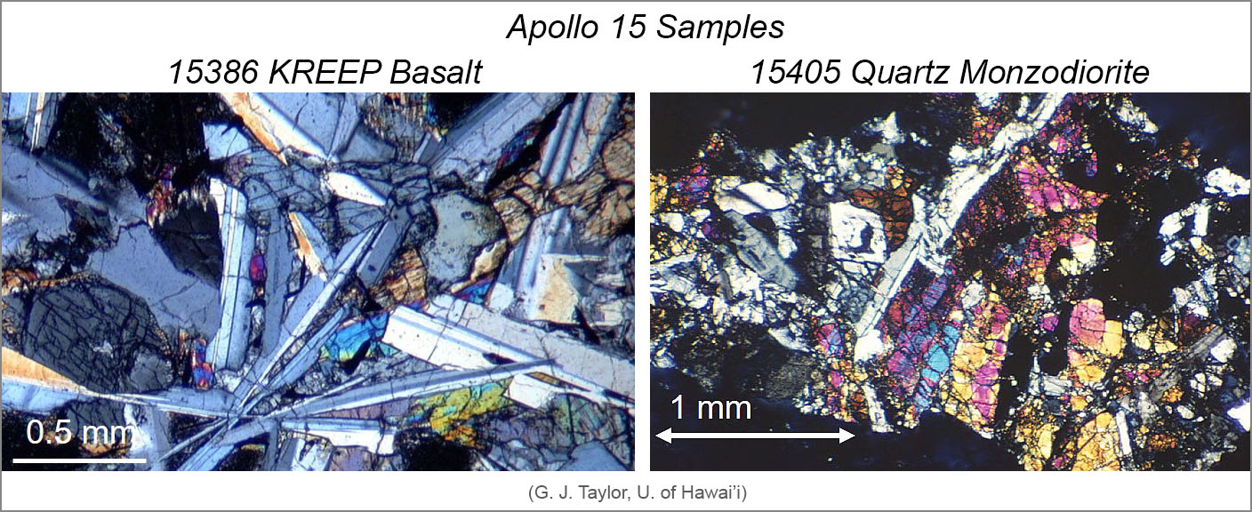 Photographs of two thin-sections of Apollo 15 rocks, sample 15386 and sample 15405. From G. Jeffrey Taylor, U. of Hawaii.