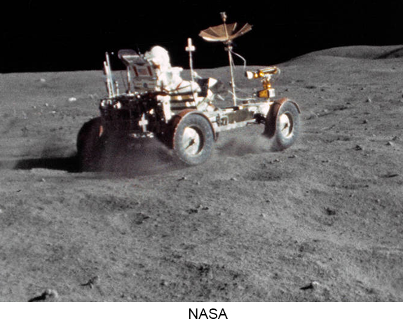 Frame from a NASA video of Apollo 16 Lunar Roving Vehicle at the Descartes landing site on the Moon.
