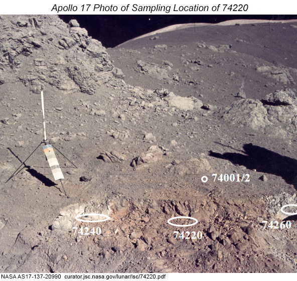 Apollo 17 field photo showing trench dug at rim of Shorty Crater and sampling location of 74220 orange glass.