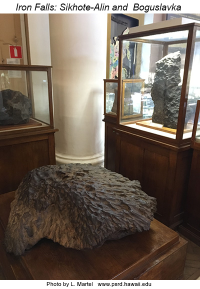 Photo of irons observed to fall in Siberia, Sikhote-Alin and Boguslavka, at the Fersman Mineralogical Museum.