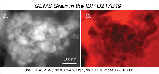 A section through the middle of a GEMS grain in the IDP U217B19. On the right is a carbon element map; the brighter the red, the more carbon.