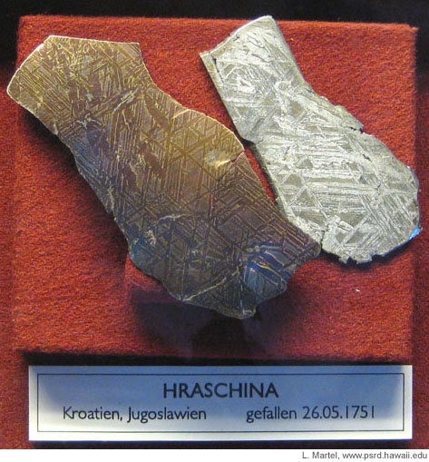 Photo of the Hraschina iron showing Widmanstatten structure.