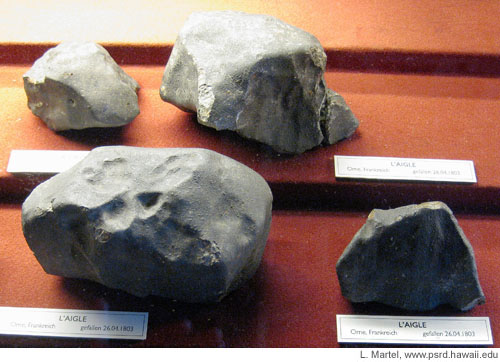 Samples on display of L'Aigle meteorite type L6 ordinary chondrite.