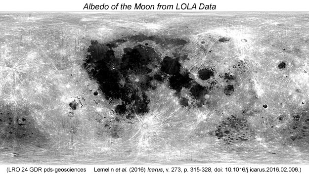 Mosaic of the calibrated normal albedo from LOLA; values range from 0.10 to 0.50. See reference for full information: Lemelin et al., 2016, Icarus, v. 273, p. 315-328, doi: 10.1016/j.icarus.2016.02.006.