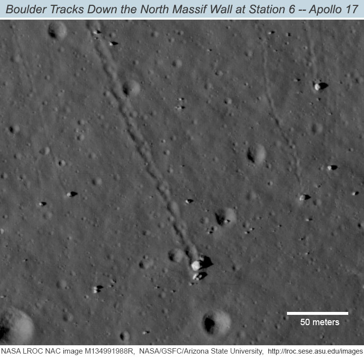 LROC NAC image showing boulder cluster and track.
