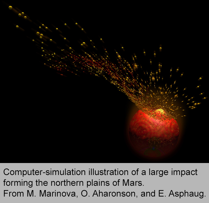 Frame from a computer-simulation of a large impact forming the northern plans of Mars.