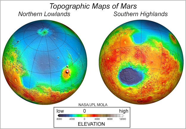 False-color MOLA topographic maps of Mars.