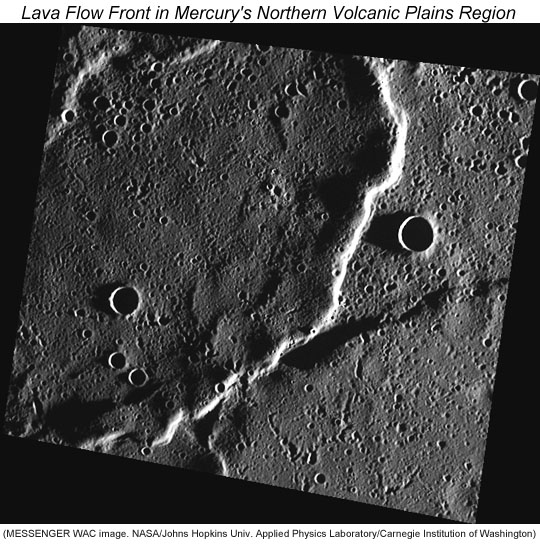 Lava flow front in Mercury's Northern Volcanic Plains region imaged by MESSENGER on July 25, 2012. Click for high-resolution version.
