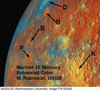 Mariner 10 false-color image of compositional variations on Mercury