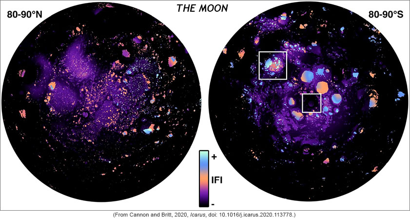 Maps of the Ice Favorability Index for the north- and south-polar regions of the Moon by Cannon and Britt, 2020.