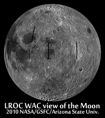 LROC Wide Angle Camera (WAC) view of the Moon seen from 90 E. Half the nearside is visible to the left, and half the farside to the right [NASA/GSFC/Arizona State University] 2010. Click for more information.