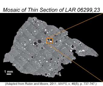 Backscattered electron image mosaic of thin section of LAR 06299,23 showing melt matrix, vesicles (black), and bright metal-sulfide nodules.
