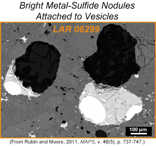 Backscattered electron image of thin section of LAR 06299 showing two metal-sulfide nodules attached to vesicles.
