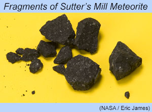 Fragments of Sutter's Mill meteorite collected by Dr. Peter Jenniskens (NASA, SETI) two days after the fall. Image credit: NASA / Eric James.