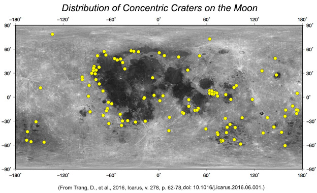 Global distribution of concentric craters on the Moon as mapped by Trang, Gillis-Davis, and Hawke.