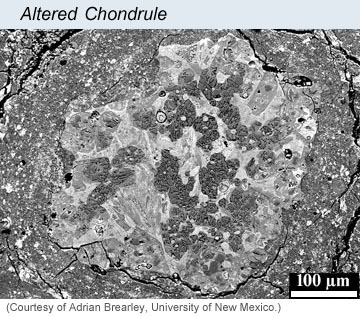 BSE image of a type of chondrule that was aqueously altered.