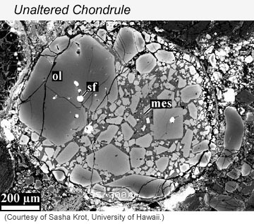 BSE image of a typical chondrule in a meteorite that did not experience aqueous alteration.